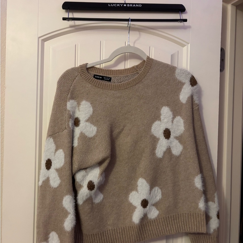 Beige Sweater with White Floral Design